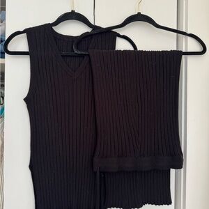 Black Ribbed Knit Sleeveless Top and Skirt Set